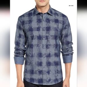 New 🆕 Bugatchi Shaped Fit Blue Checkered Shirt, Size M